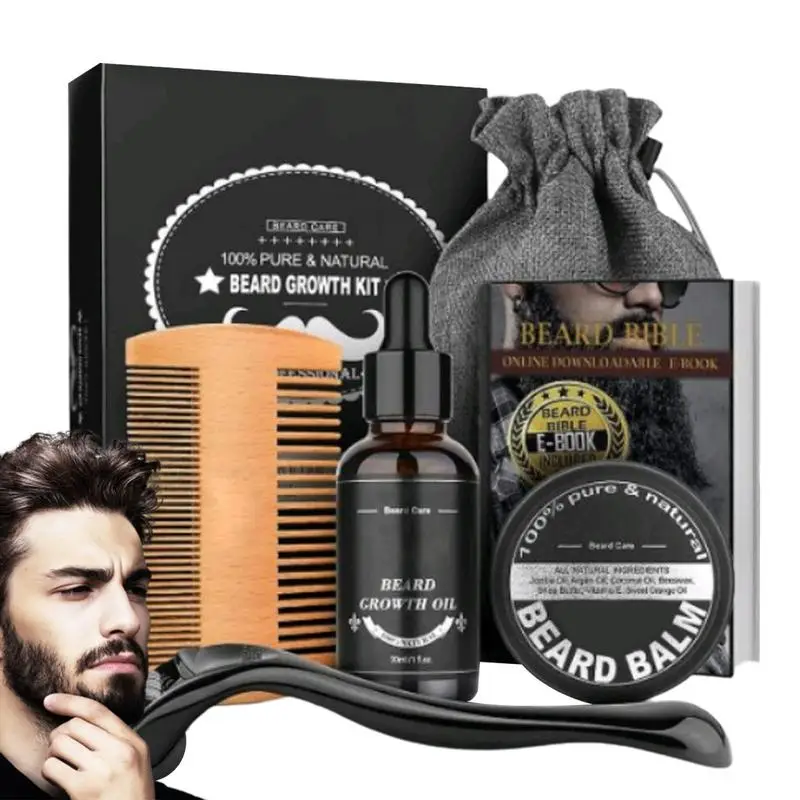 5pcs Men Beard Barba Grooming Beard Set Beard Growth oil Men Hair Enhancer Thicker Mustache Grooming Beard Care Oil comb bag - Image 3