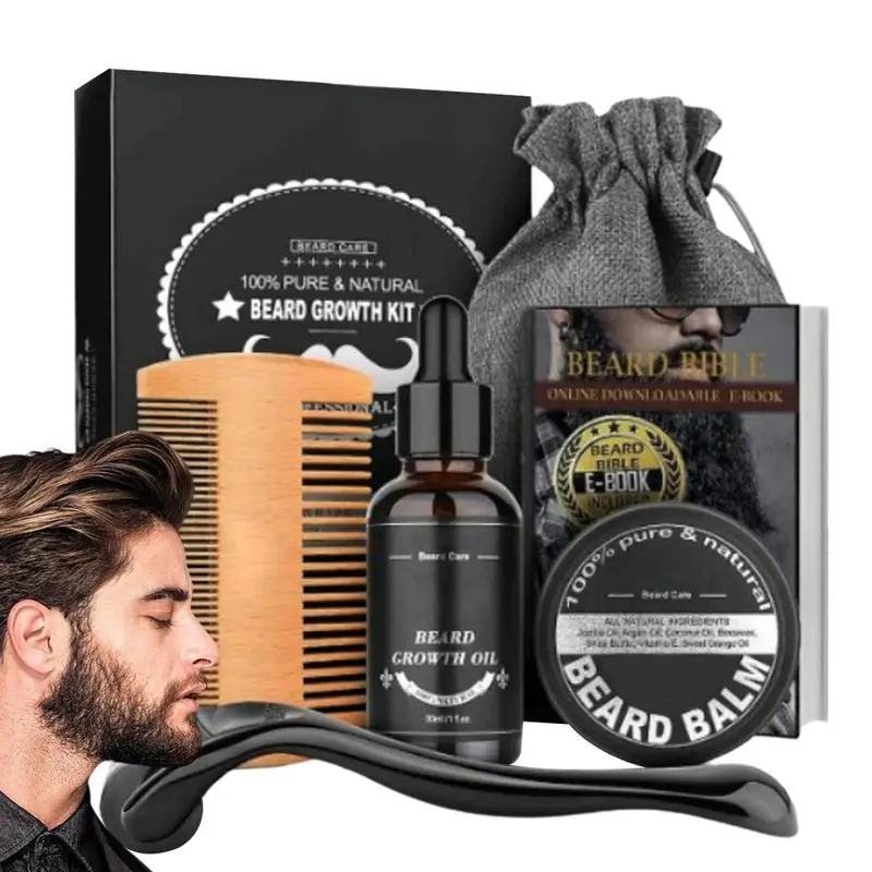 5pcs Men Beard Barba Grooming Beard Set Beard Growth oil Men Hair Enhancer Thicker Mustache Grooming Beard Care Oil comb bag - Image 2