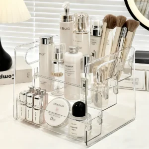 1pc transparent portable three compartment cosmetic storage box desktop dresser large capacity skin care perfume display rack