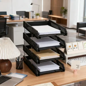 Four-Layer File Tray with Hollow File Compartments, Detachable Storage Rack.