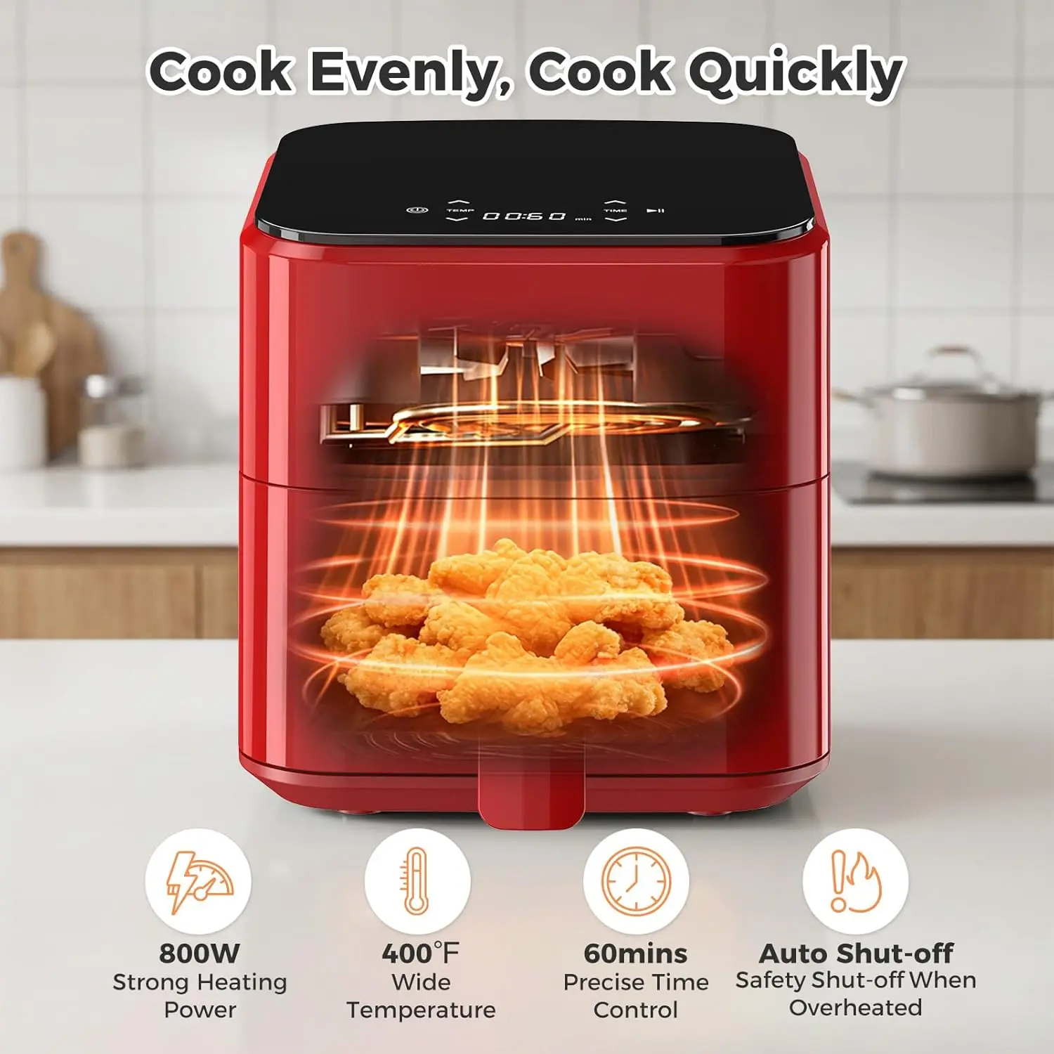 3QT Air Fryer, Small Air Fryer with Digital PP Touch Panel, Red - Image 3