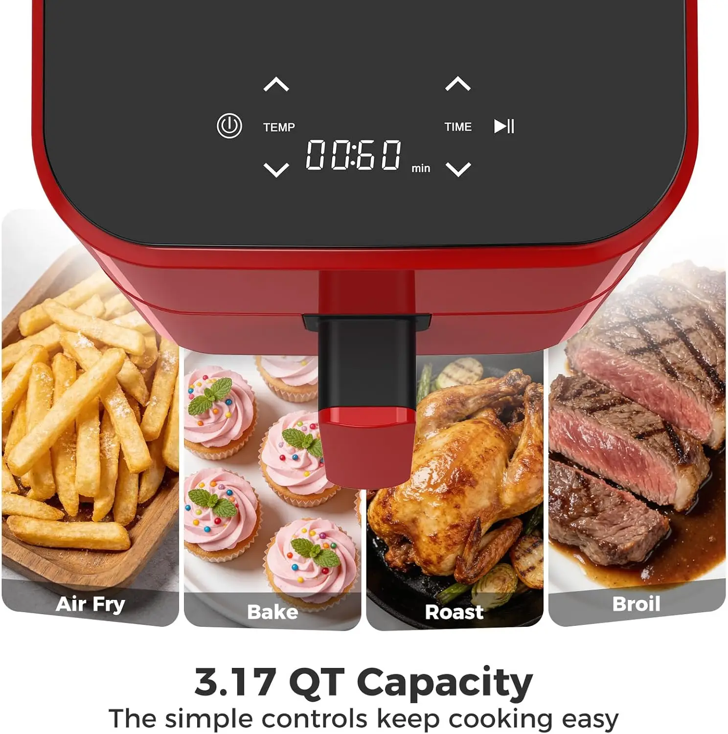 3QT Air Fryer, Small Air Fryer with Digital PP Touch Panel, Red - Image 4