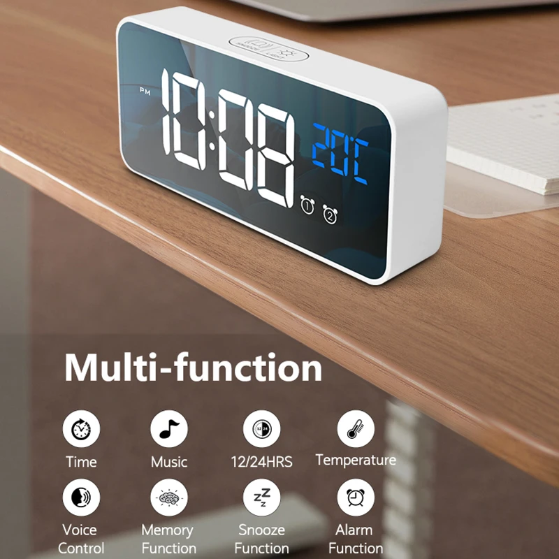 Digital Alarm Clock Temperature Display Portable Bedside Music Clock for Home Office Bathroom Dual Alarms Ringtones Rechargeable - Image 2