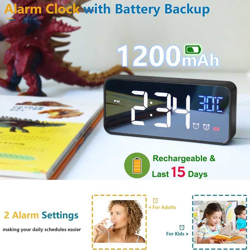 Digital Alarm Clock Temperature Display Portable Bedside Music Clock for Home Office Bathroom Dual Alarms Ringtones Rechargeable - Image 6