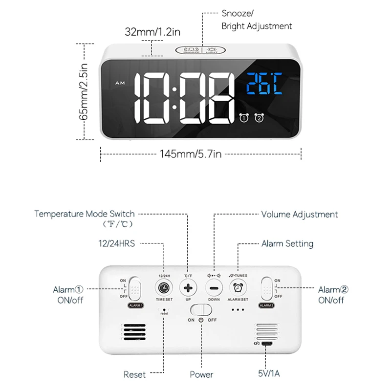 Digital Alarm Clock Temperature Display Portable Bedside Music Clock for Home Office Bathroom Dual Alarms Ringtones Rechargeable - Image 5
