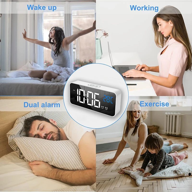 Digital Alarm Clock Temperature Display Portable Bedside Music Clock for Home Office Bathroom Dual Alarms Ringtones Rechargeable - Image 3