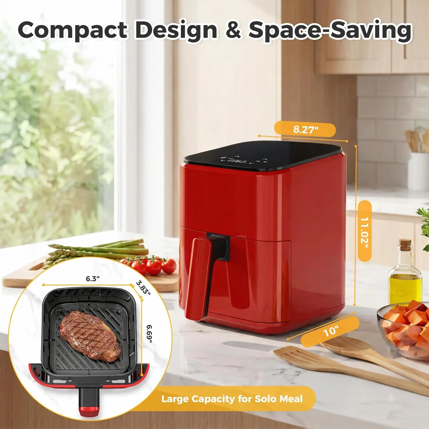 3QT Air Fryer, Small Air Fryer with Digital PP Touch Panel, Red - Image 6