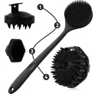 4PCS Long Handle Silicone Bath Brush Set for Body Back Face Gentle Exfoliating Massage Deep Cleaning with Non Slip Grip