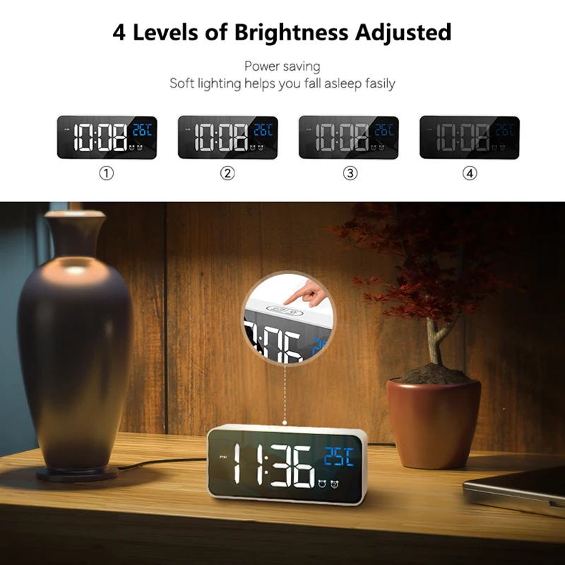 Digital Alarm Clock Temperature Display Portable Bedside Music Clock for Home Office Bathroom Dual Alarms Ringtones Rechargeable - Image 4