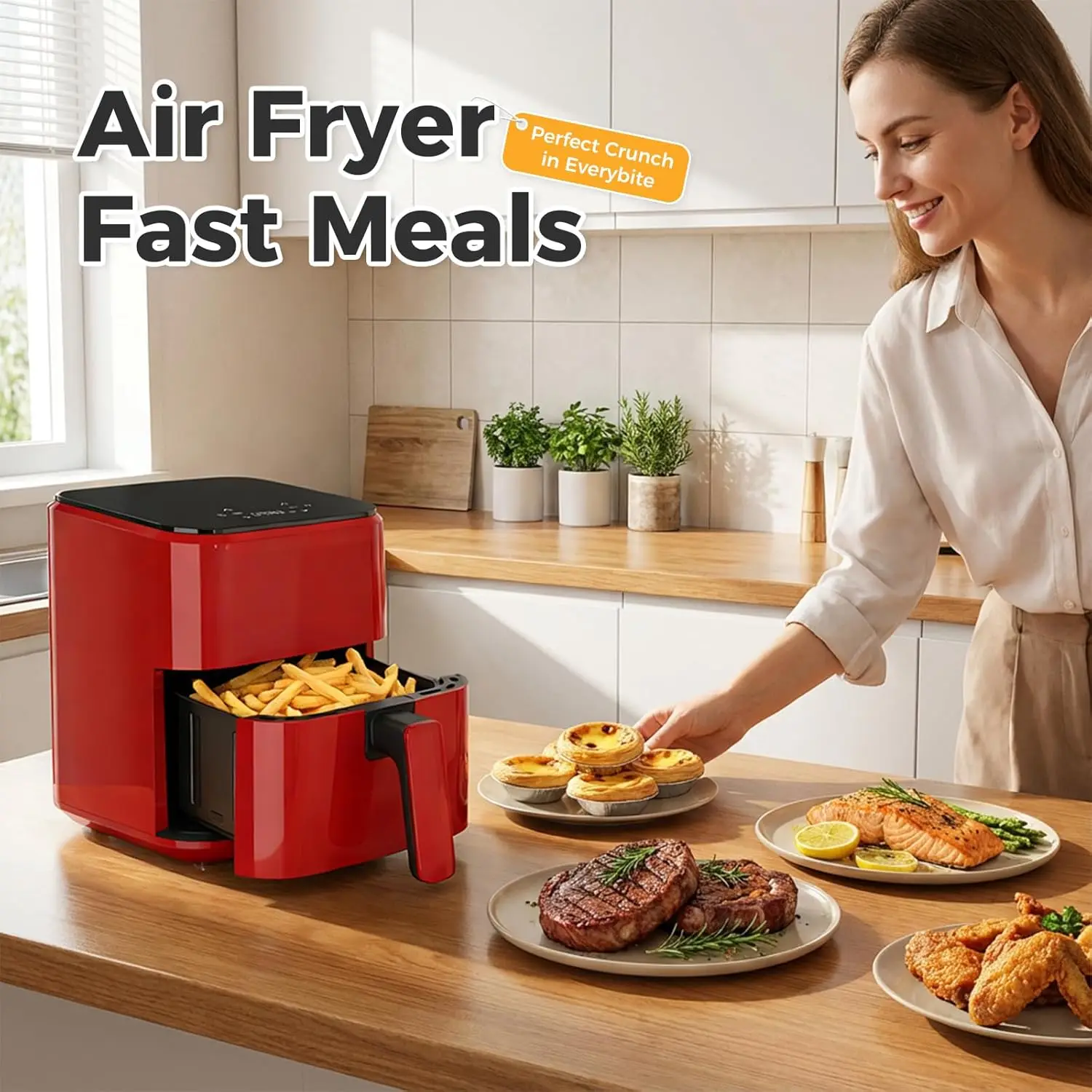 3QT Air Fryer, Small Air Fryer with Digital PP Touch Panel, Red - Image 2